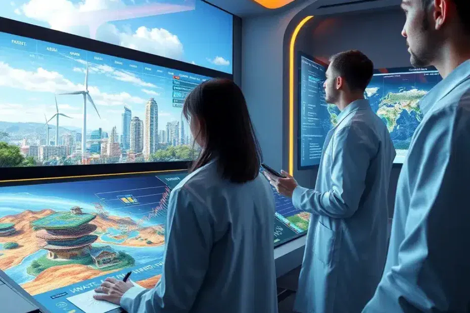 Simulazioni climatiche e modelli predittivi per il riscaldamento globale, con scienziati che analizzano dati in una sala di controllo moderna, mentre sullo sfondo appaiono infrastrutture resilienti e fonti di energia rinnovabile.