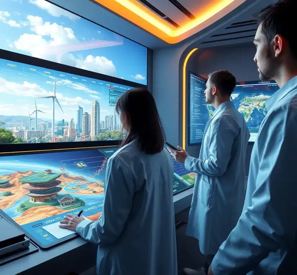 Simulazioni climatiche e modelli predittivi per il riscaldamento globale, con scienziati che analizzano dati in una sala di controllo moderna, mentre sullo sfondo appaiono infrastrutture resilienti e fonti di energia rinnovabile.