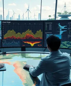 Uno scienziato monitora simulazioni climatiche e modelli predittivi per il riscaldamento globale su dei monitor.