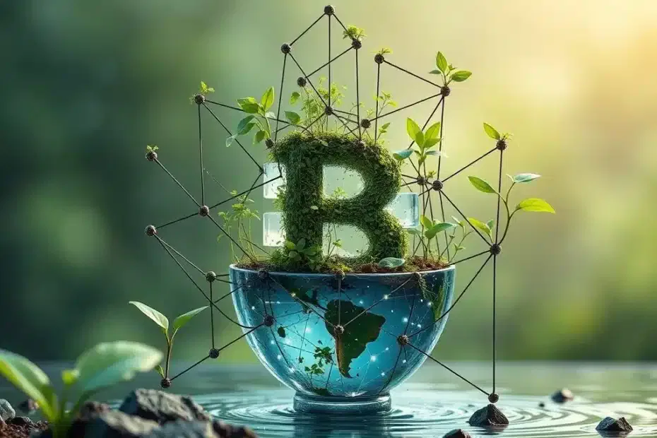 Immagine che rappresenta l'intersezione tra la tecnologia blockchain e la sostenibilità ambientale, con una rete di blocchi digitali e elementi naturali come piante e acqua, simboleggiando l'integrazione della blockchain per promuovere soluzioni ecologiche.