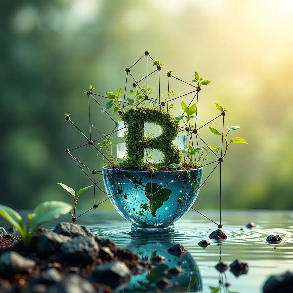 Immagine che rappresenta l'intersezione tra la tecnologia blockchain e la sostenibilità ambientale, con una rete di blocchi digitali e elementi naturali come piante e acqua, simboleggiando l'integrazione della blockchain per promuovere soluzioni ecologiche.