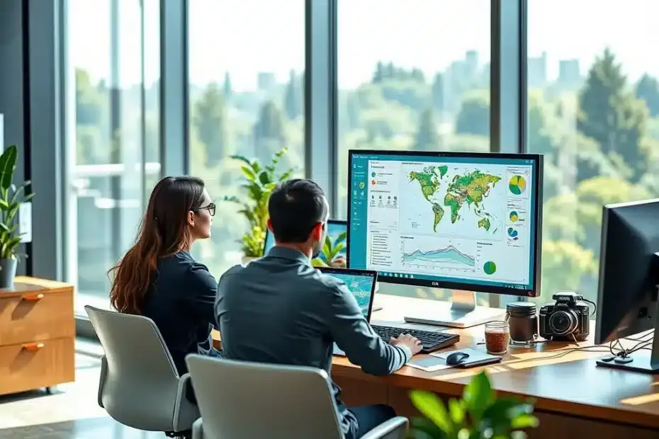 Un team di esperti in ufficio analizza dati ambientali su un computer, con grafici e mappe, in un ambiente professionale e luminoso.