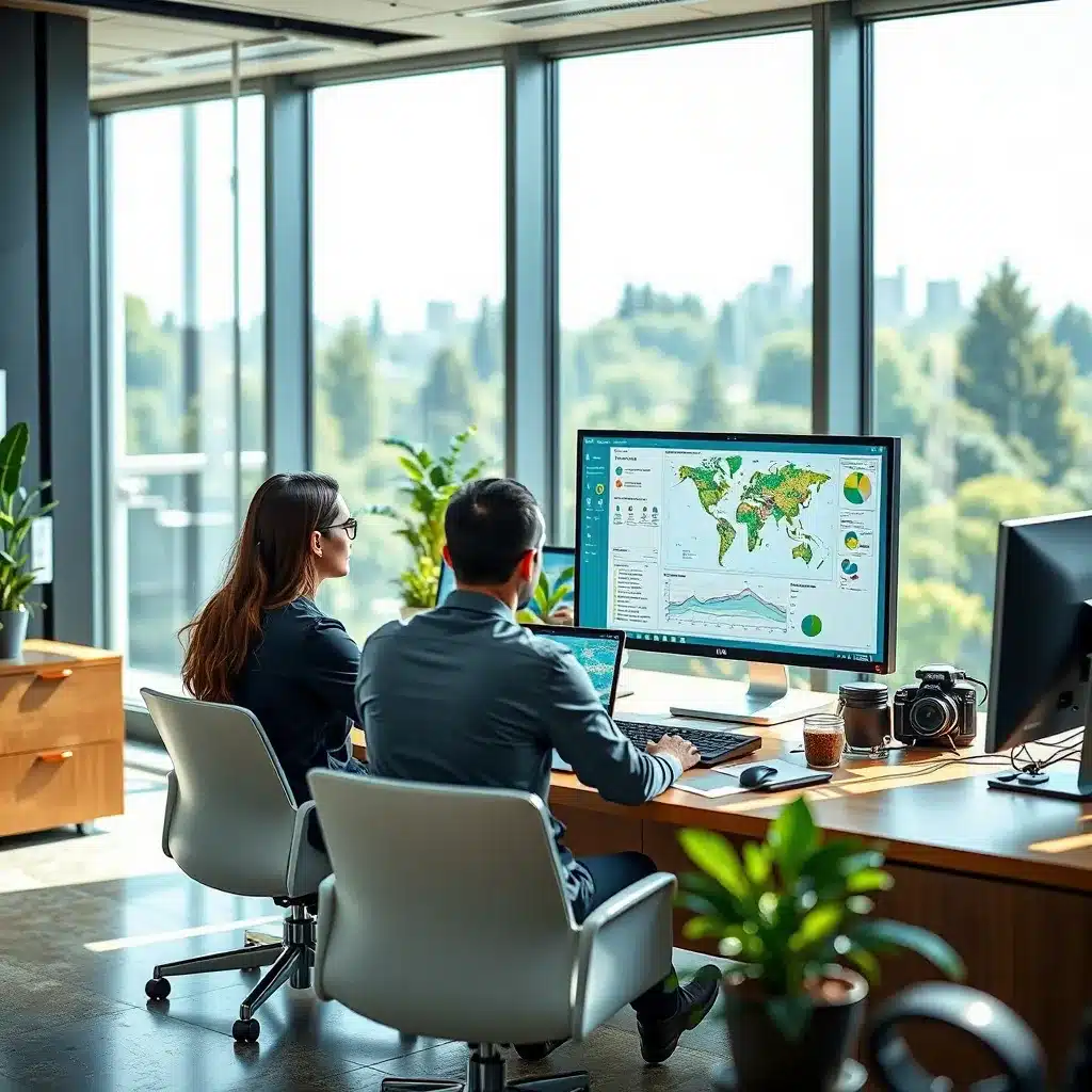 Un team di esperti in ufficio analizza dati ambientali su un computer, con grafici e mappe, in un ambiente professionale e luminoso.