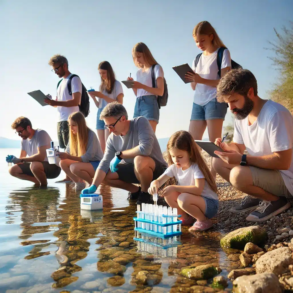 Un gruppo di persone, tra cui adulti e bambini, raccoglie campioni di acqua da un lago utilizzando kit per il test dell'acqua e registrando i dati su tablet.