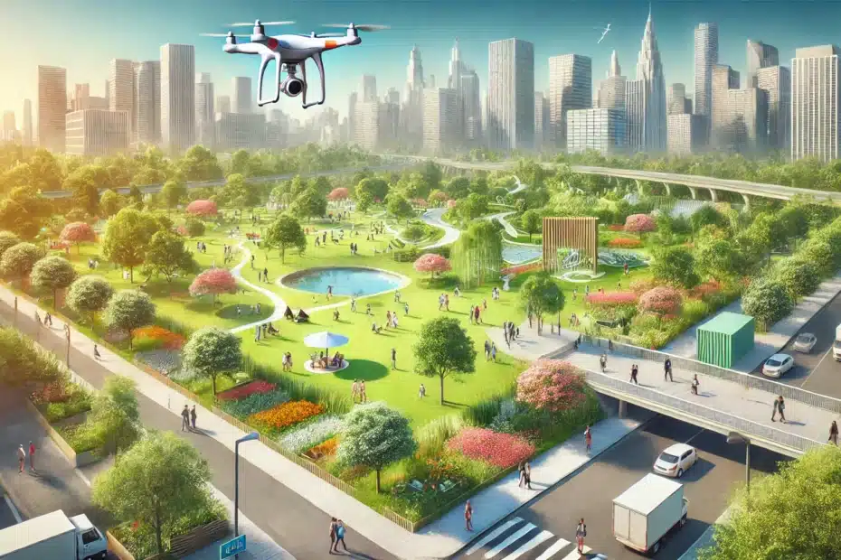 Un parco urbano con vegetazione rigogliosa, alberi diversificati e prati curati, integrato nel contesto cittadino con elementi di sostenibilità