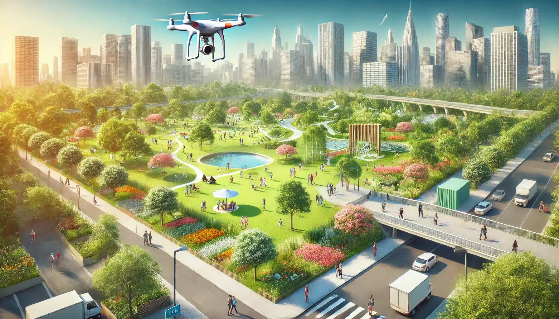 Un parco urbano con vegetazione rigogliosa, alberi diversificati e prati curati, integrato nel contesto cittadino con elementi di sostenibilità