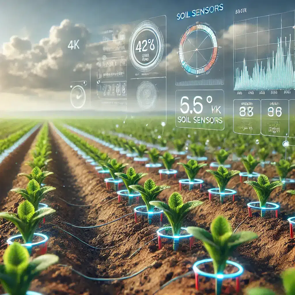 Campo coltivato con sensori di monitoraggio del suolo installati. I sensori sono visibili accanto alle colture, con dati ambientali (temperatura, umidità) illustrati graficamente sopra l'immagine