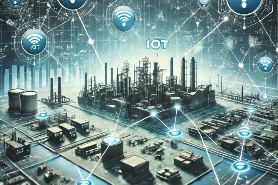 Sistema IoT in un contesto industriale, con una rete di sensori connessi che trasmettono dati in tempo reale per il monitoraggio delle condizioni ambientali. Icone digitali dei sensori sono visibili sopra una mappa stilizzata dell'impianto industriale