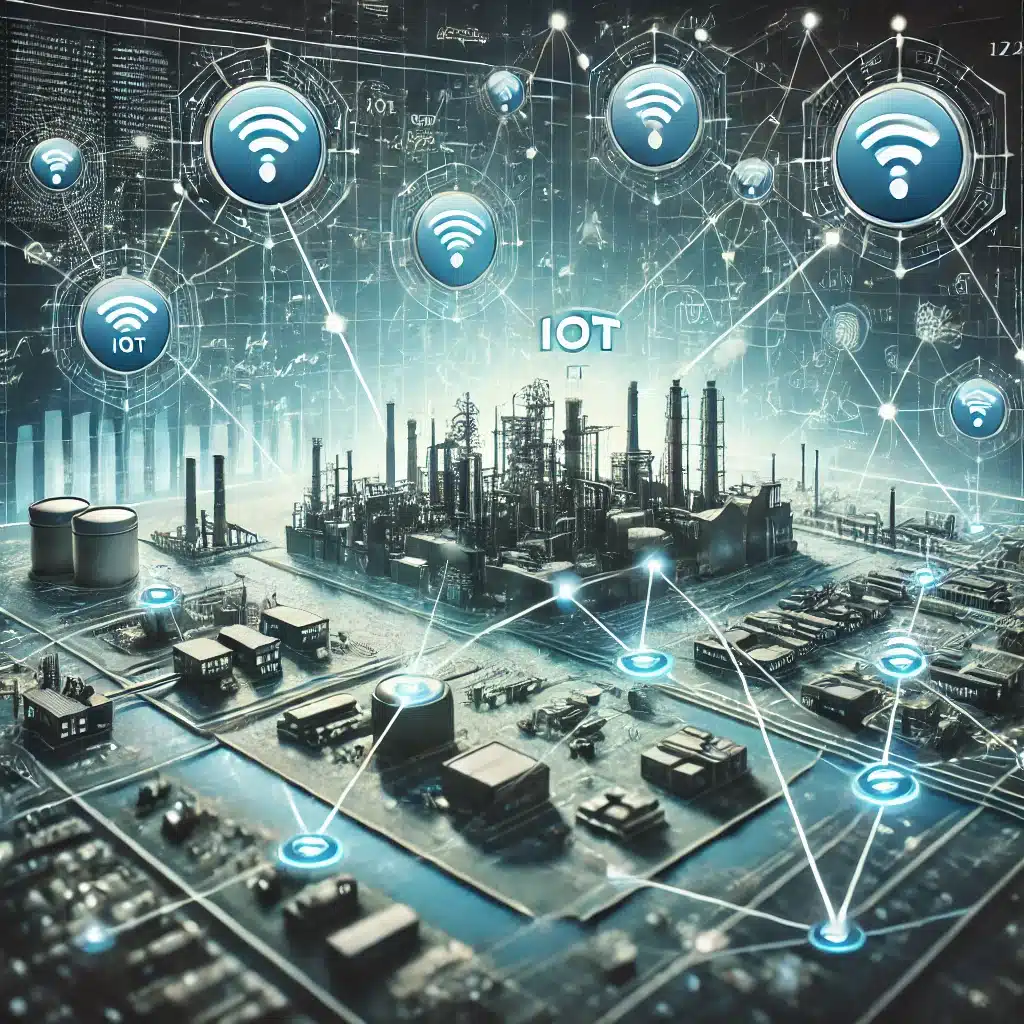 Sistema IoT in un contesto industriale, con una rete di sensori connessi che trasmettono dati in tempo reale per il monitoraggio delle condizioni ambientali. Icone digitali dei sensori sono visibili sopra una mappa stilizzata dell'impianto industriale