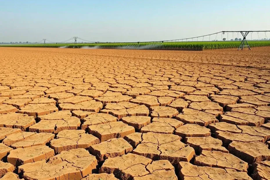 Campo agricolo colpito dalla siccità, con crepe nel suolo e un sistema di irrigazione a goccia in lontananza.