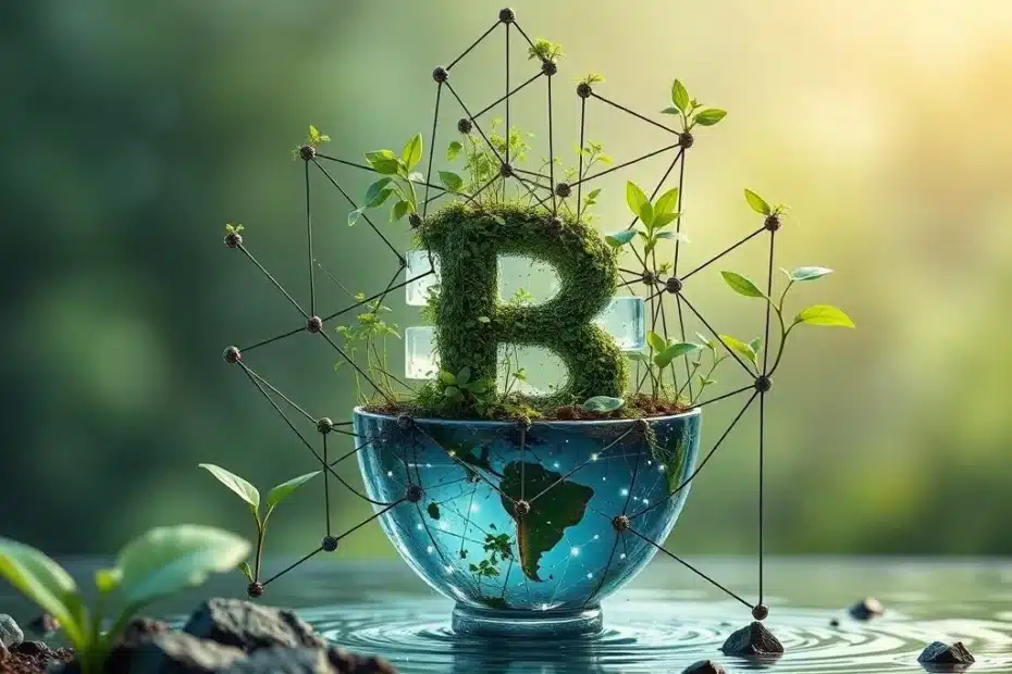 Immagine che rappresenta l'intersezione tra la tecnologia blockchain e la sostenibilità ambientale, con una rete di blocchi digitali e elementi naturali come piante e acqua, simboleggiando l'integrazione della blockchain per promuovere soluzioni ecologiche.