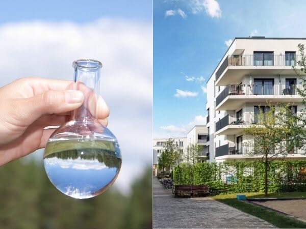 immagine divisa a meta con ad un lato un condominio e dall'altro un campione di acqua per le analisi acque condominiali