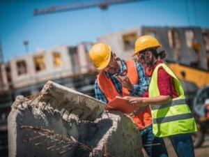 Due tecnici stanno consultando dei dati su un foglio, probabilmente per l'analisi dei rifiuti, in un cantiere con materiali di costruzione visibili.