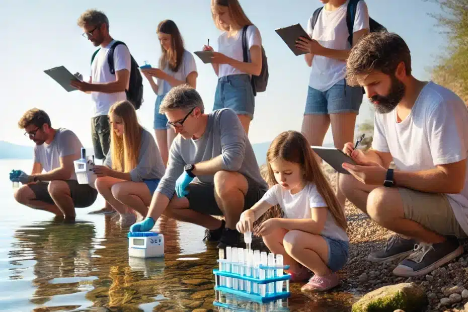 Un gruppo di persone, tra cui adulti e bambini, raccoglie campioni di acqua da un lago utilizzando kit per il test dell'acqua e registrando i dati su tablet.