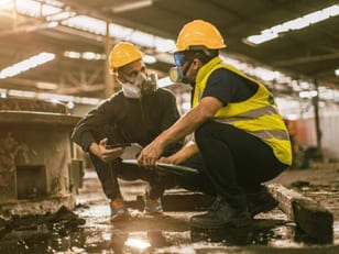 Due professionisti in tenuta da lavoro conducono indagini ambientali in un'area industriale