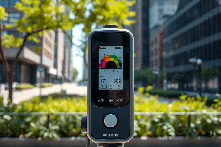Un dispositivo di monitoraggio della qualità dell'aria in un ambiente urbano, con indicatori di qualità dell'aria visibili