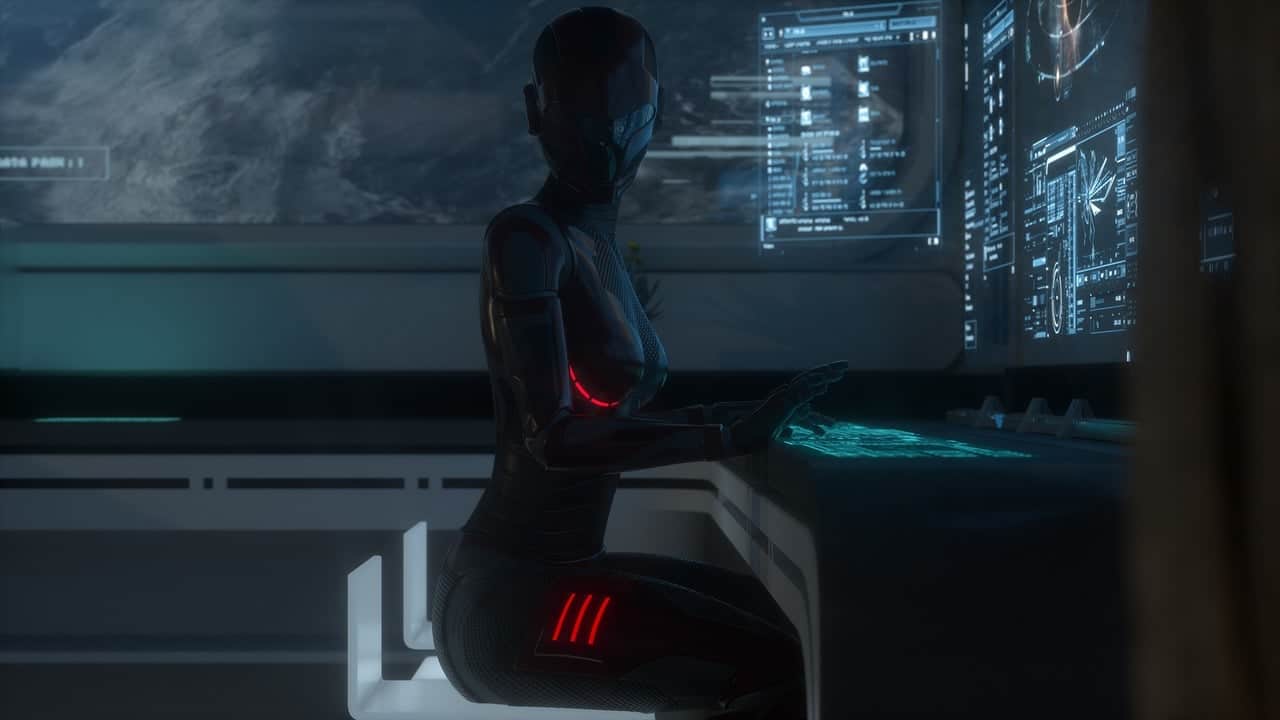 Cyborg seduto davanti a una console tecnologica