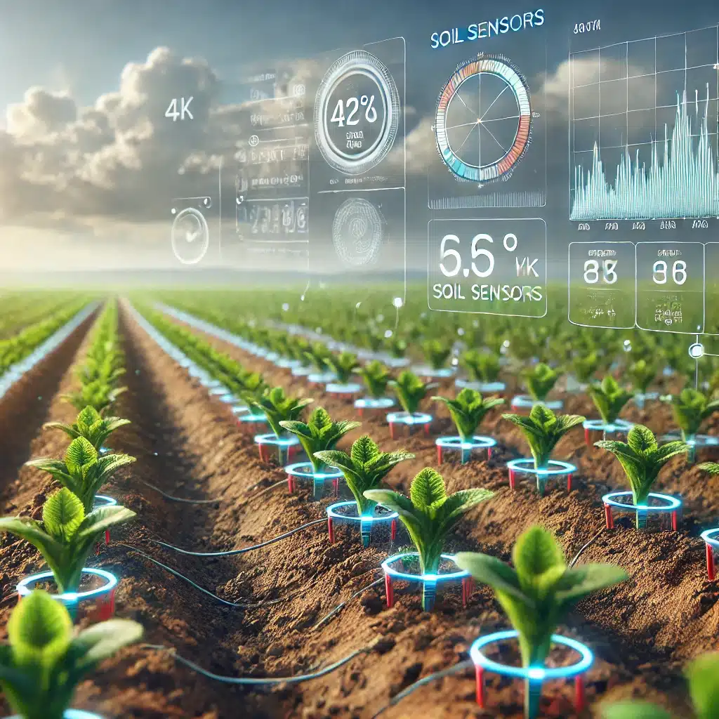 Campo coltivato con sensori di monitoraggio del suolo installati. I sensori sono visibili accanto alle colture, con dati ambientali (temperatura, umidità) illustrati graficamente sopra l'immagine