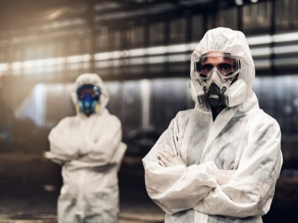 Due tecnici in tuta protettiva pronti ad effettuare una valutazione del rischio chimico in un ambiente di lavoro